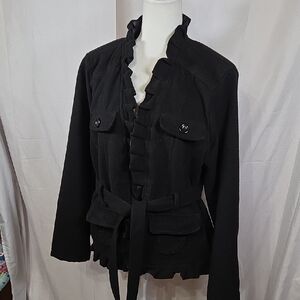 Oleg Cassini Black Ruffled Wool Utility Jacket